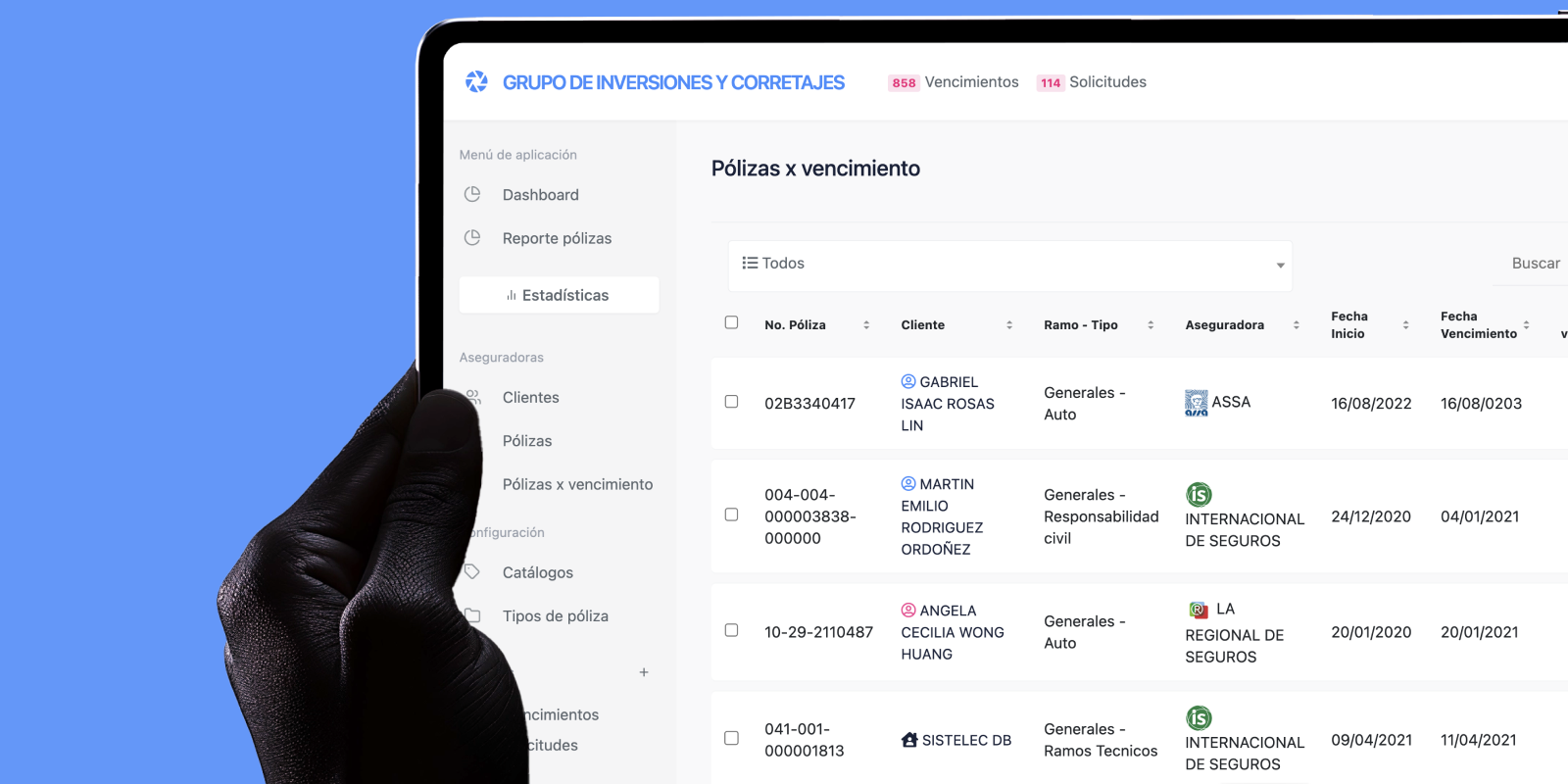 Mockup del sistema para corredores de seguros GICSA